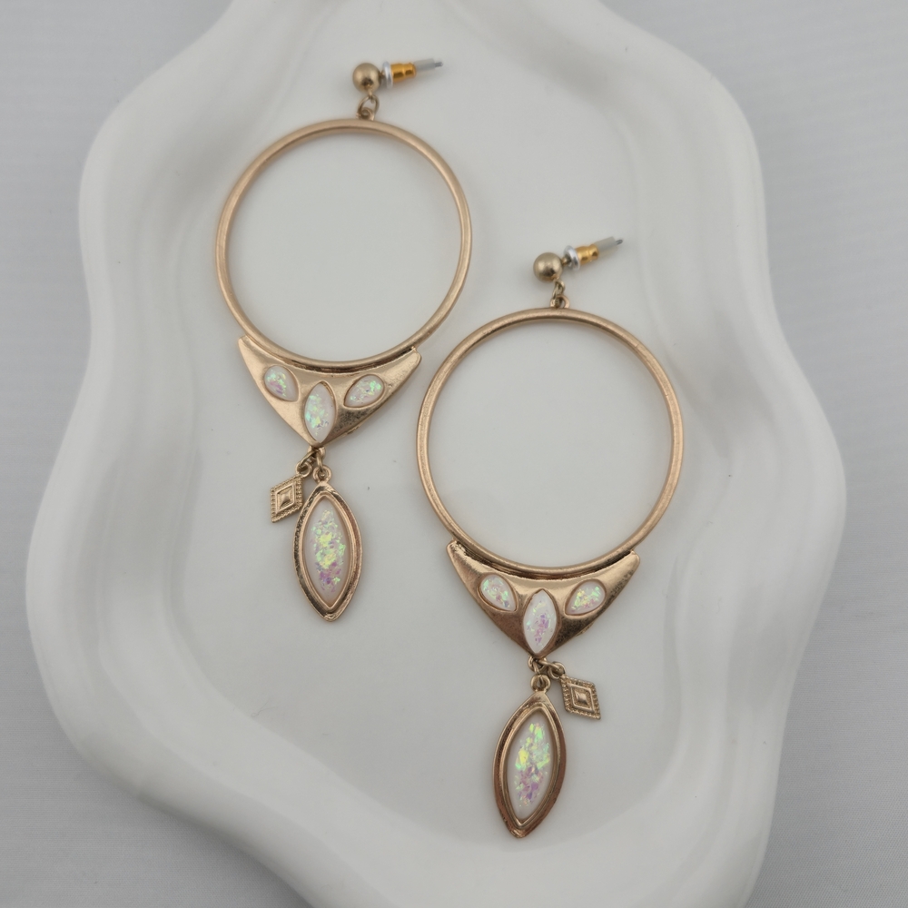 Rose Gold Hoop Earrings w Simulated Opal Drop | Boho Celestial Dangle